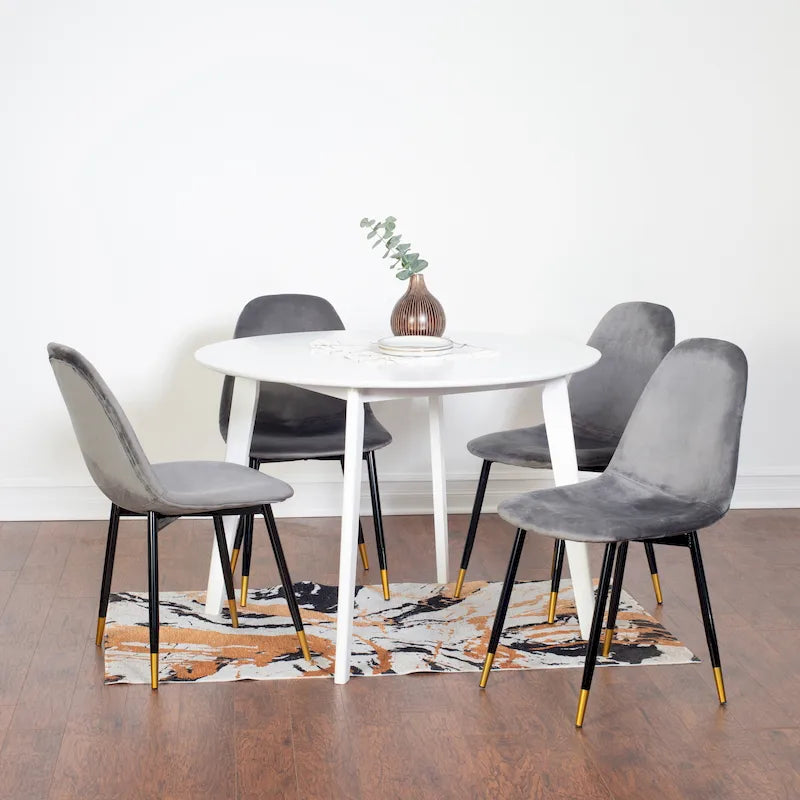 5-Piece Dining Set Round White Table with 4 Velvet Upholstered Chairs MDF Rubberwood Modern Style Gold Tone Metal Legs