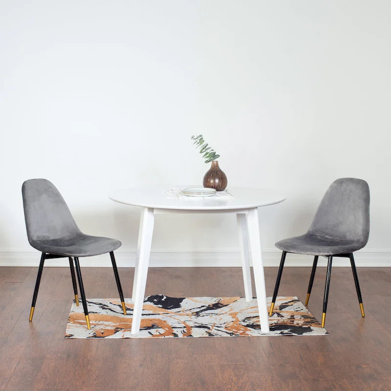 5-Piece Dining Set Round White Table with 4 Velvet Upholstered Chairs MDF Rubberwood Modern Style Gold Tone Metal Legs