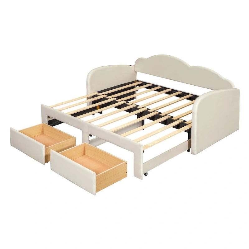 Twin Cloud Velvet Daybed with Trundle Drawers and USB Expands Twin to King Size 2 Storage Drawers Upholstered