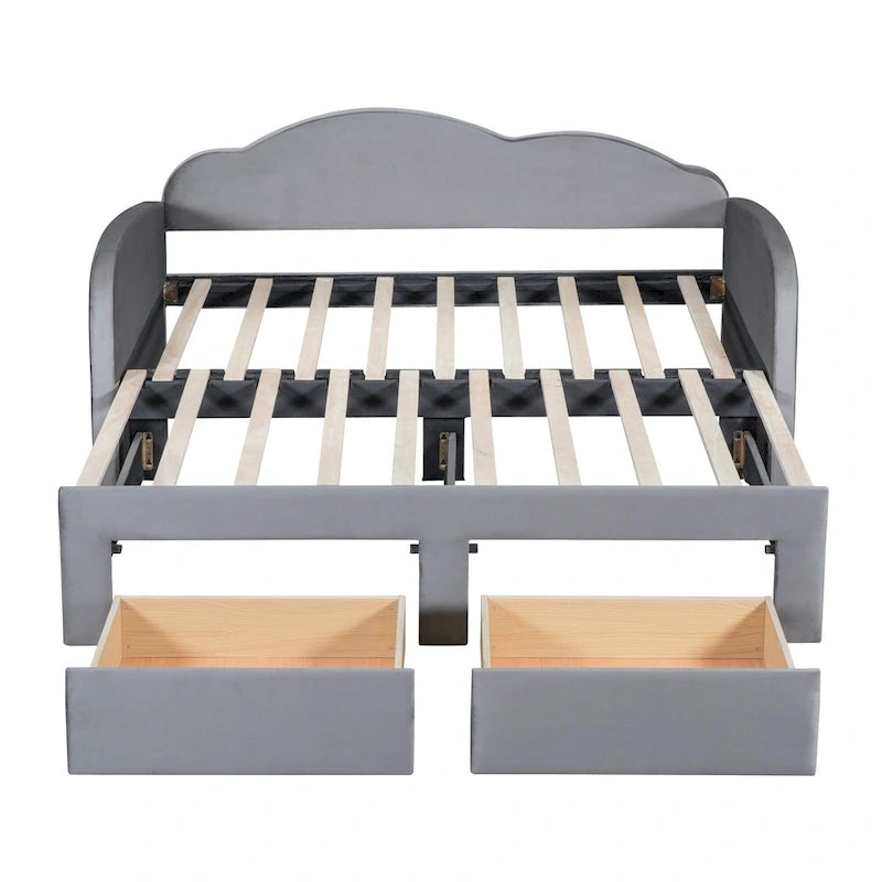 Twin Cloud Velvet Daybed with Trundle Drawers and USB Expands Twin to King Size 2 Storage Drawers Upholstered