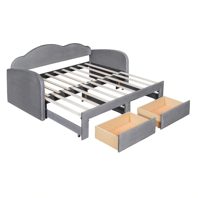 Twin Cloud Velvet Daybed with Trundle Drawers and USB Expands Twin to King Size 2 Storage Drawers Upholstered