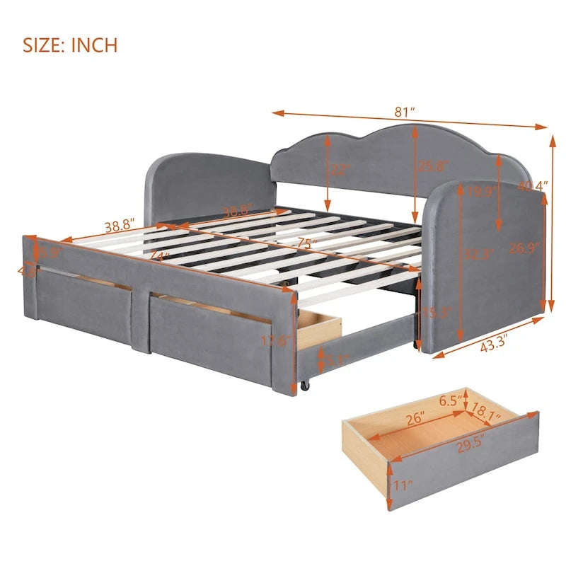 Twin Cloud Velvet Daybed with Trundle Drawers and USB Expands Twin to King Size 2 Storage Drawers Upholstered
