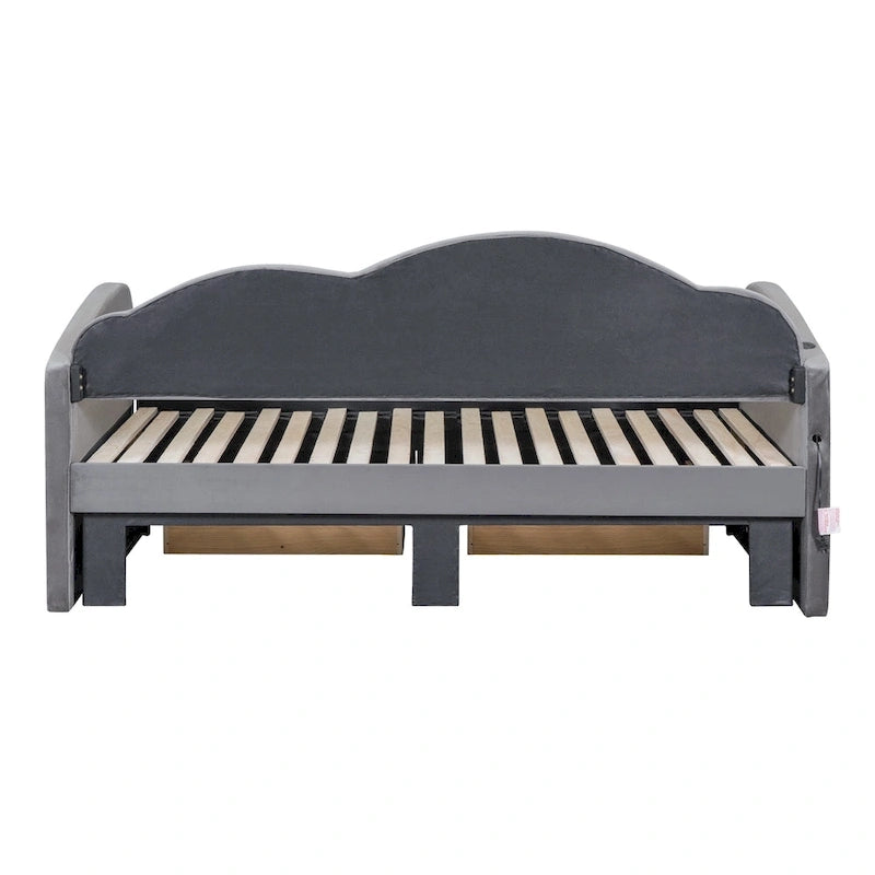 Twin Cloud Velvet Daybed with Trundle Drawers and USB Expands Twin to King Size 2 Storage Drawers Upholstered