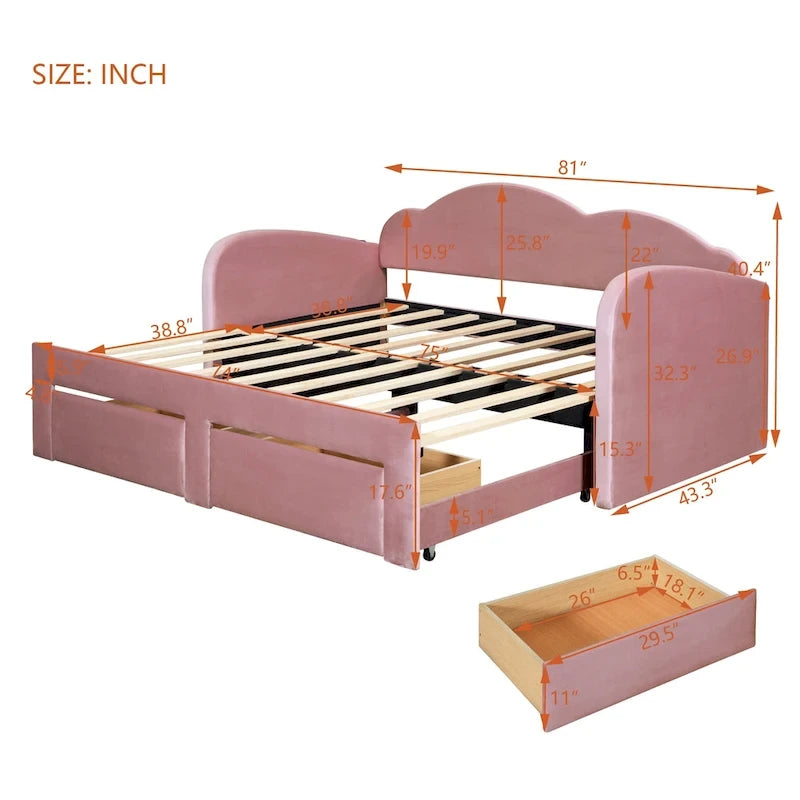 Twin Cloud Velvet Daybed with Trundle Drawers and USB Expands Twin to King Size 2 Storage Drawers Upholstered
