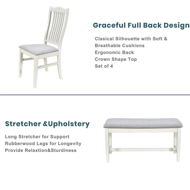 6-Piece Wooden Dining Table Set with 4 Chairs and Bench Walnut Top Built-In Drawer Farmhouse Style