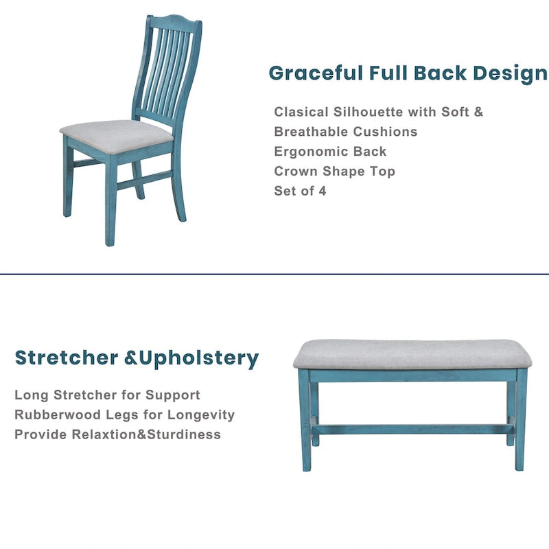 6-Piece Wooden Dining Table Set with 4 Chairs and Bench Walnut Top Built-In Drawer Farmhouse Style