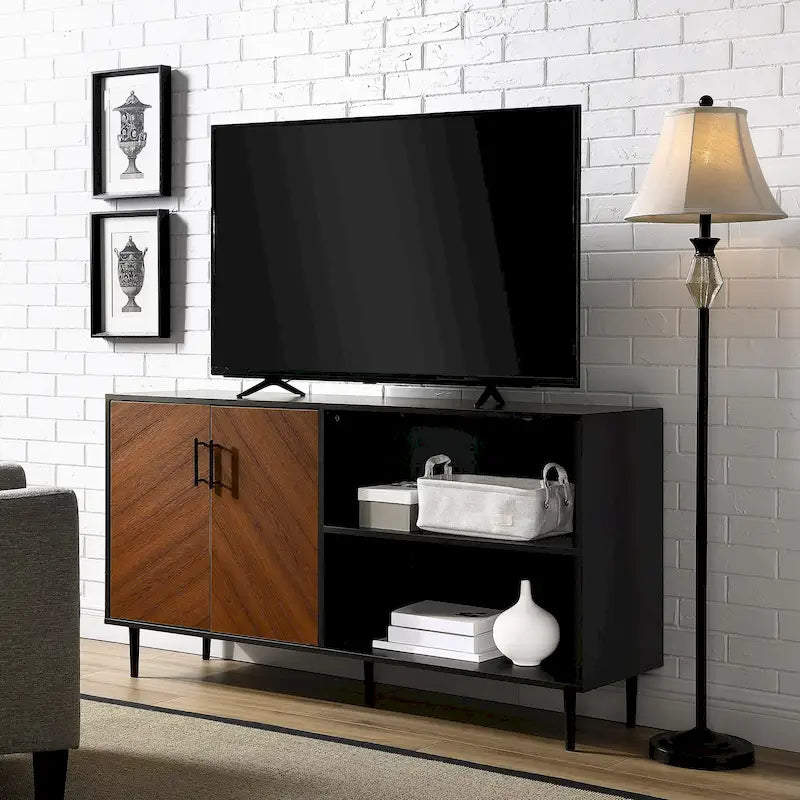 58" Two-Tone TV Stand Console with Bookmatch Cabinet Doors, Open Shelving & Wire Management for TVs up to 65" - White & Acorn