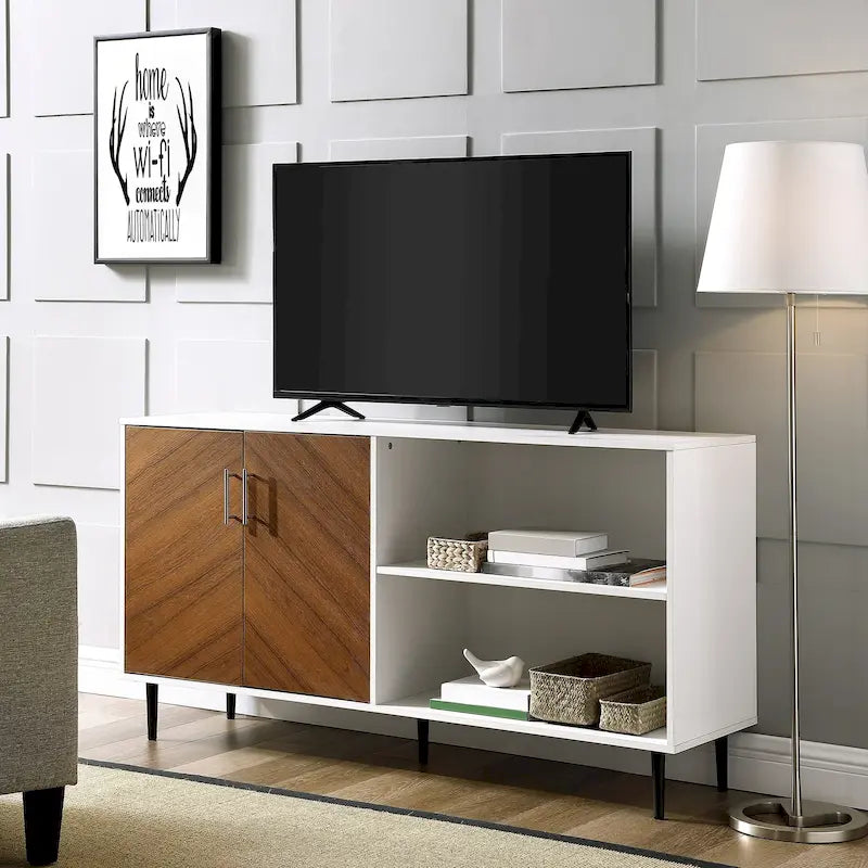 58" Two-Tone TV Stand Console with Bookmatch Cabinet Doors, Open Shelving & Wire Management for TVs up to 65" - White & Acorn