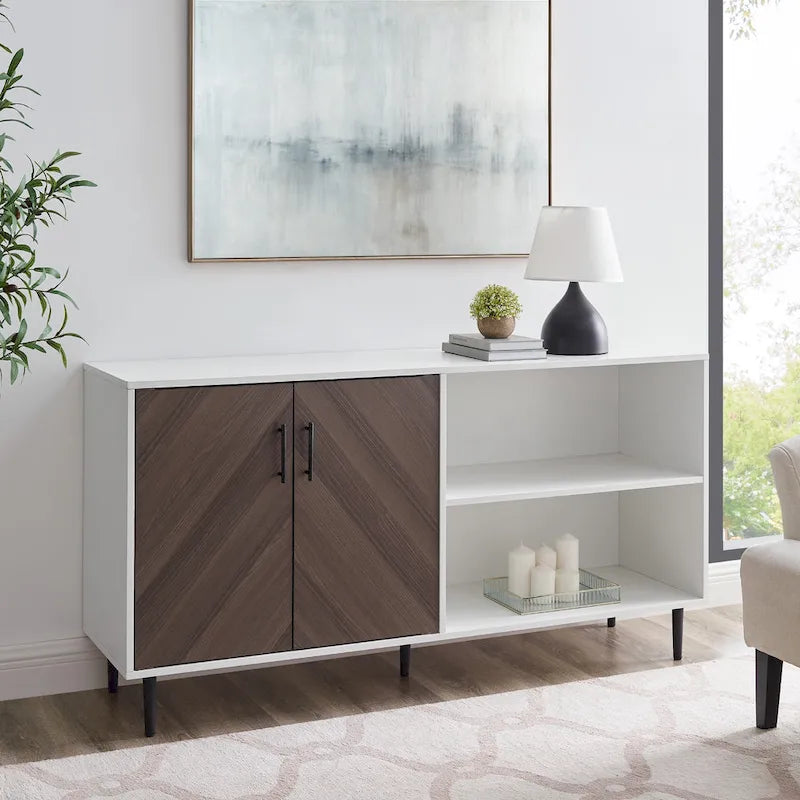 58" Two-Tone TV Stand Console with Bookmatch Cabinet Doors, Open Shelving & Wire Management for TVs up to 65" - White & Acorn