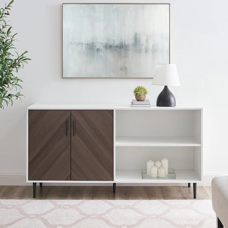 58" Two-Tone TV Stand Console with Bookmatch Cabinet Doors, Open Shelving & Wire Management for TVs up to 65" - White & Acorn