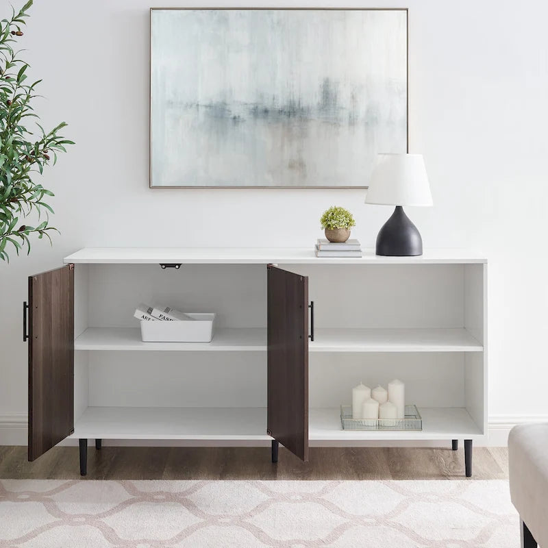 58" Two-Tone TV Stand Console with Bookmatch Cabinet Doors, Open Shelving & Wire Management for TVs up to 65" - White & Acorn