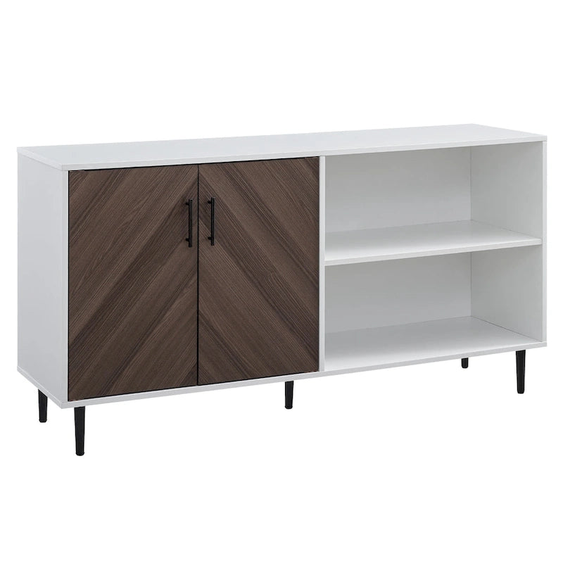 58" Two-Tone TV Stand Console with Bookmatch Cabinet Doors, Open Shelving & Wire Management for TVs up to 65" - White & Acorn