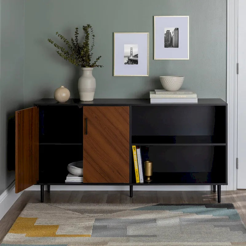 58" Two-Tone TV Stand Console with Bookmatch Cabinet Doors, Open Shelving & Wire Management for TVs up to 65" - White & Acorn