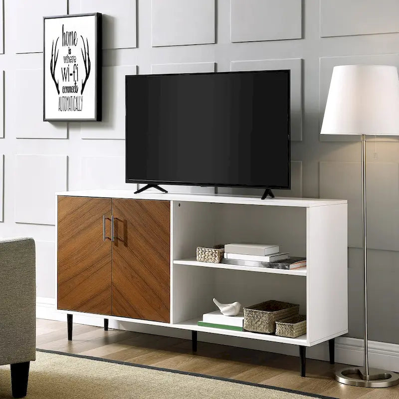 58" Two-Tone TV Stand Console with Bookmatch Cabinet Doors, Open Shelving & Wire Management for TVs up to 65" - White & Acorn