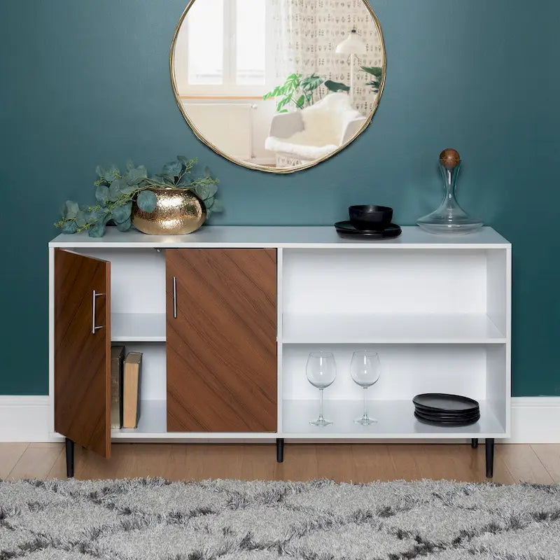 58" Two-Tone TV Stand Console with Bookmatch Cabinet Doors, Open Shelving & Wire Management for TVs up to 65" - White & Acorn