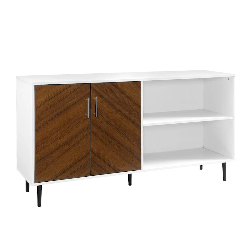 58" Two-Tone TV Stand Console with Bookmatch Cabinet Doors, Open Shelving & Wire Management for TVs up to 65" - White & Acorn