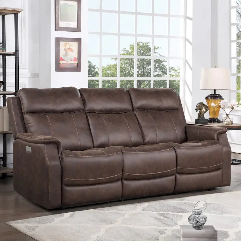 84" Faux Leather Power Reclining Sofa with USB Charging Ports, Adjustable Headrest & Footrest - Contemporary Style in Ocean Blue or Walnut Brown