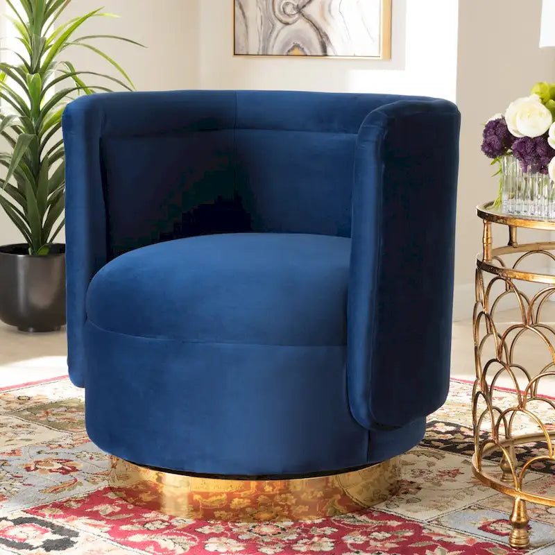Velvet Swivel Accent Chair - Barrel Silhouette with Gold Base, Foam Padded, Plywood & Stainless Steel - Glamorous Style in Grey or Royal Blue