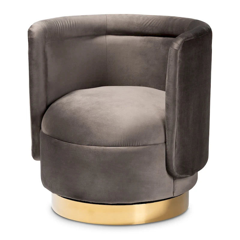 Velvet Swivel Accent Chair - Barrel Silhouette with Gold Base, Foam Padded, Plywood & Stainless Steel - Glamorous Style in Grey or Royal Blue