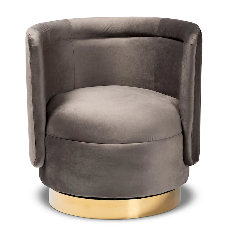 Velvet Swivel Accent Chair - Barrel Silhouette with Gold Base, Foam Padded, Plywood & Stainless Steel - Glamorous Style in Grey or Royal Blue
