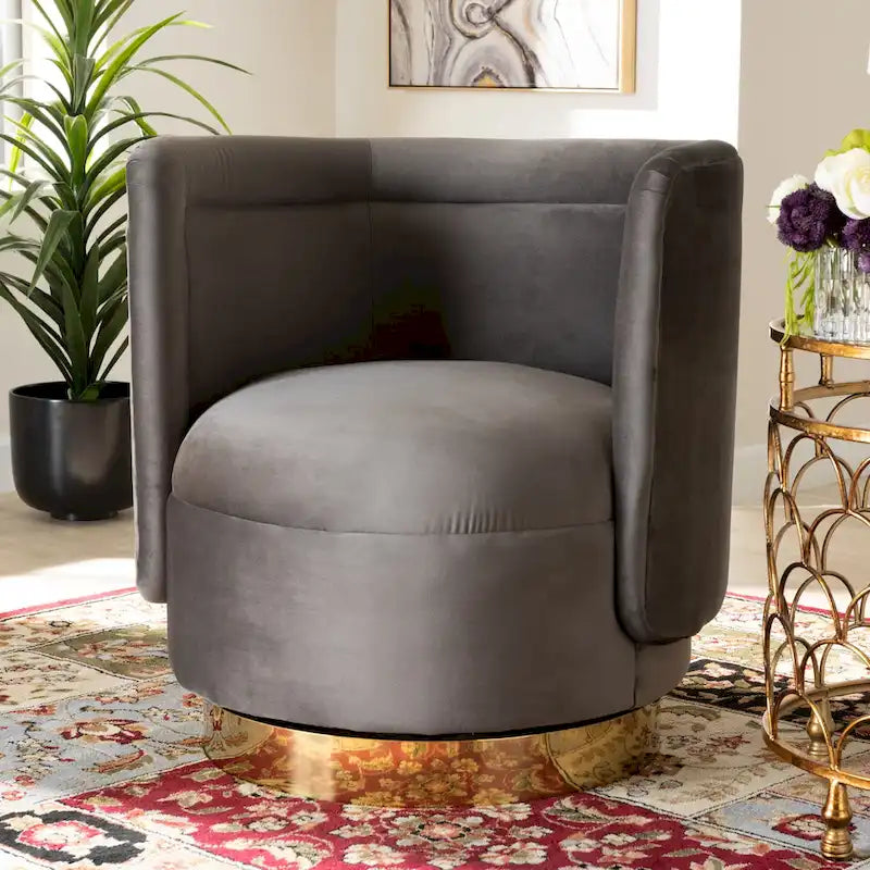 Velvet Swivel Accent Chair - Barrel Silhouette with Gold Base, Foam Padded, Plywood & Stainless Steel - Glamorous Style in Grey or Royal Blue