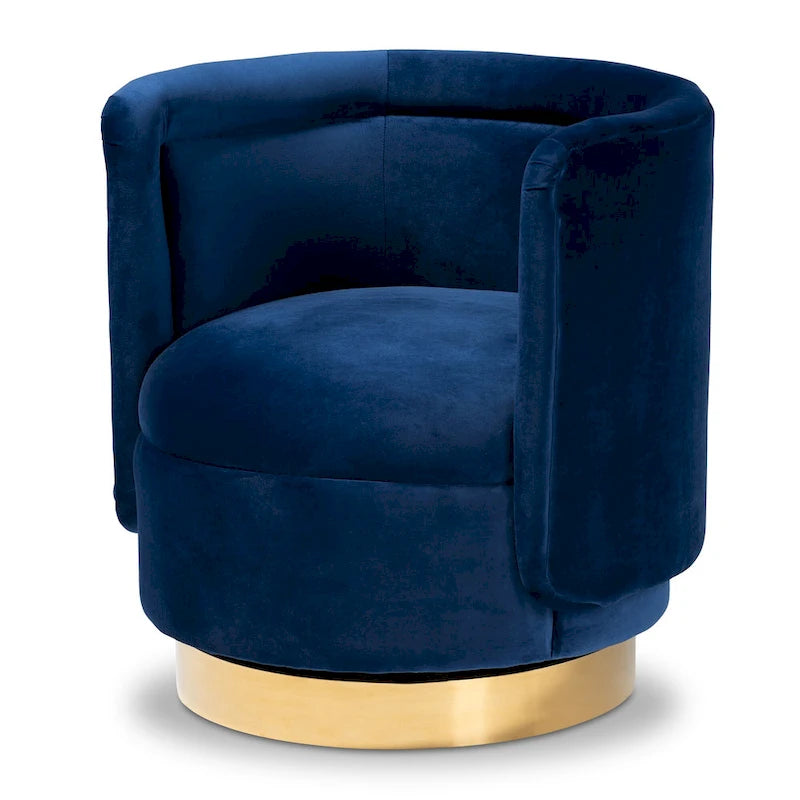 Velvet Swivel Accent Chair - Barrel Silhouette with Gold Base, Foam Padded, Plywood & Stainless Steel - Glamorous Style in Grey or Royal Blue