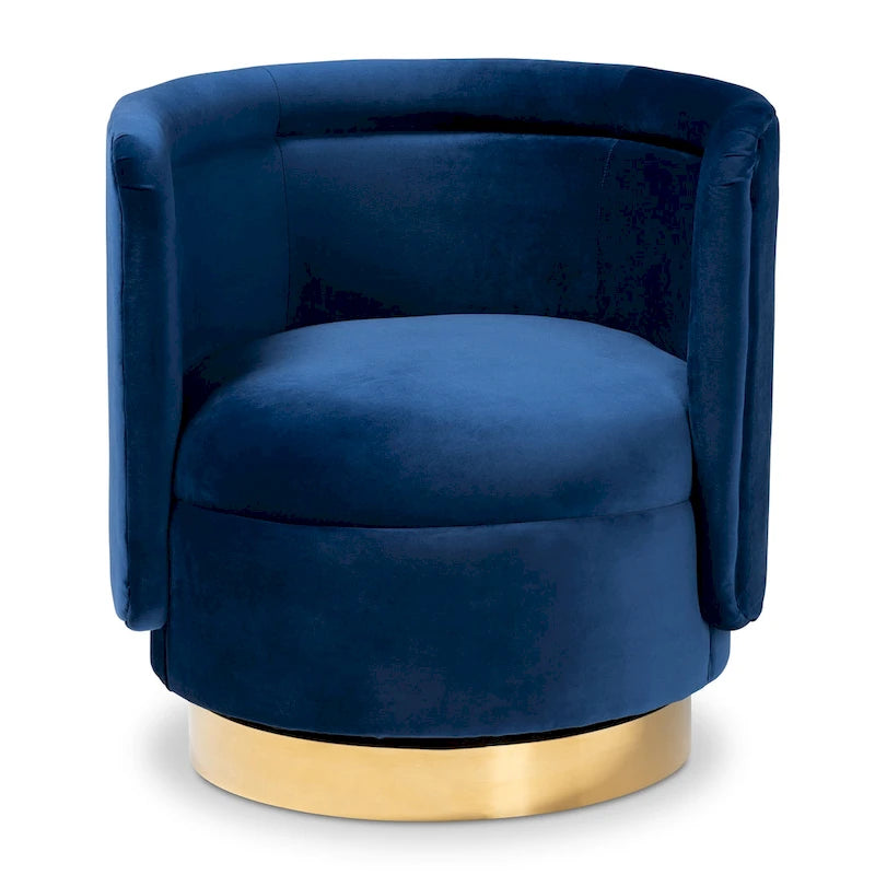 Velvet Swivel Accent Chair - Barrel Silhouette with Gold Base, Foam Padded, Plywood & Stainless Steel - Glamorous Style in Grey or Royal Blue