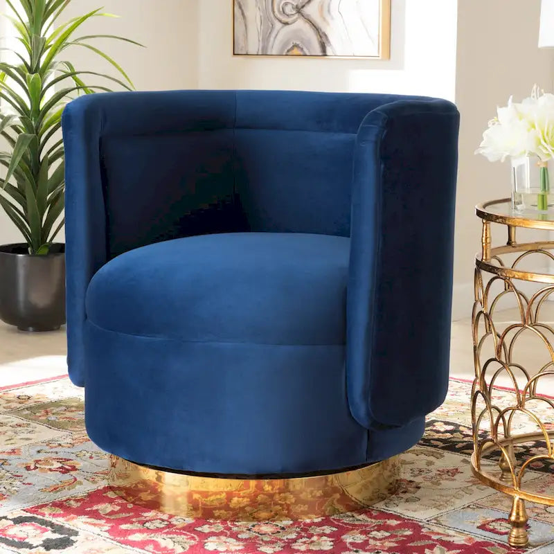 Velvet Swivel Accent Chair - Barrel Silhouette with Gold Base, Foam Padded, Plywood & Stainless Steel - Glamorous Style in Grey or Royal Blue