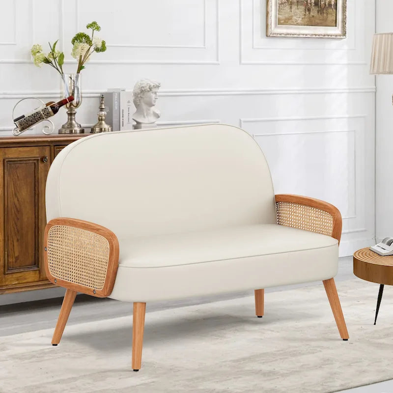 Faux Leather Loveseat with Natural Rattan Armrests - 40-Inch Small Couch, Solid Wood Legs, 330lb Capacity, Boho Living Room