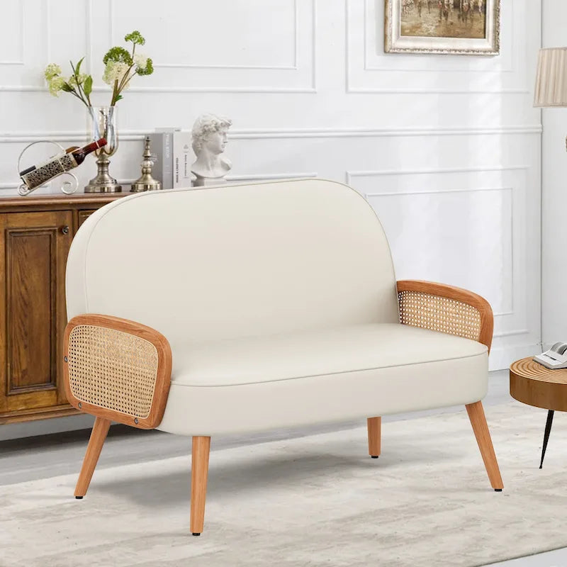 Loveseat Sofa Small Couch for Living Room, Faux Leather Mini Couch Love Seat with Natural Rattan Armrest and Solid Wooden Legs