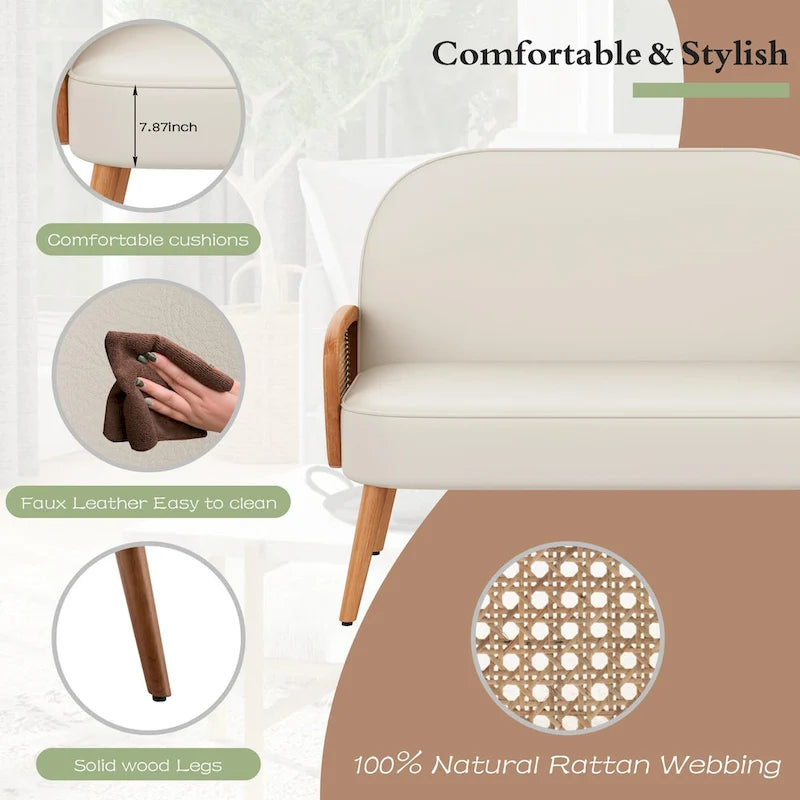 Faux Leather Loveseat with Natural Rattan Armrests - 40-Inch Small Couch, Solid Wood Legs, 330lb Capacity, Boho Living Room