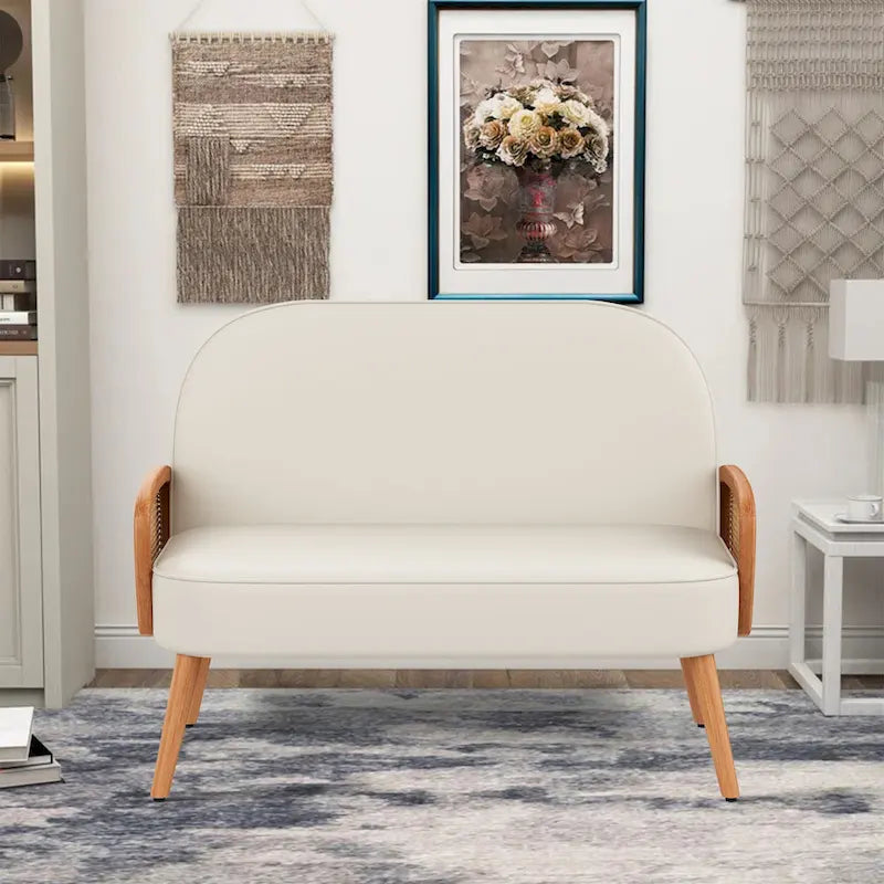 Faux Leather Loveseat with Natural Rattan Armrests - 40-Inch Small Couch, Solid Wood Legs, 330lb Capacity, Boho Living Room