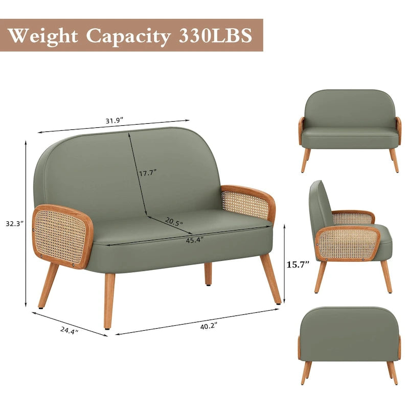 Faux Leather Loveseat with Natural Rattan Armrests - 40-Inch Small Couch, Solid Wood Legs, 330lb Capacity, Boho Living Room