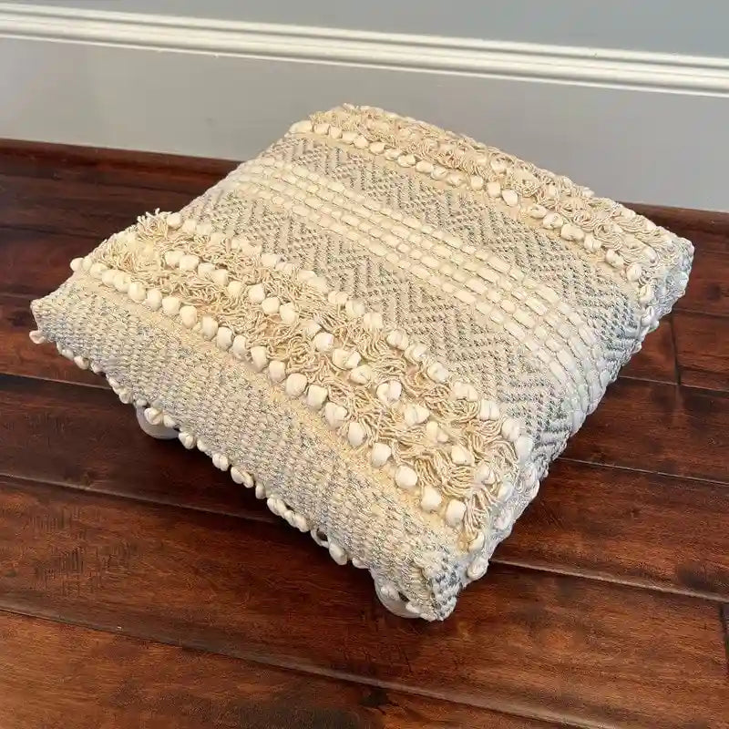 Handmade Cotton Dhurrie Upholstered Stool - Sheesham Wood Frame, Artisan Crafted in India, Twist-In Legs Included