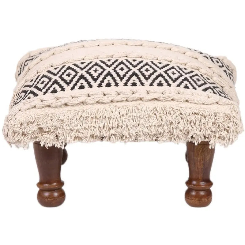 Handmade Cotton Dhurrie Upholstered Stool - Sheesham Wood Frame, Artisan Crafted in India, Twist-In Legs Included
