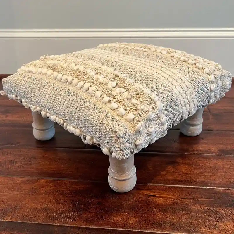Handmade Cotton Dhurrie Upholstered Stool - Sheesham Wood Frame, Artisan Crafted in India, Twist-In Legs Included