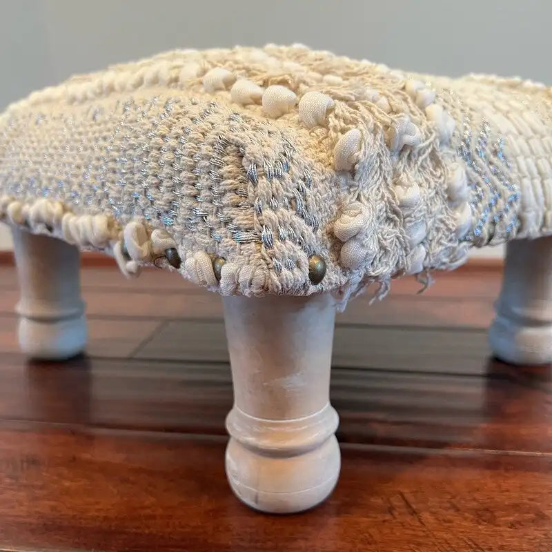 Handmade Cotton Dhurrie Upholstered Stool - Sheesham Wood Frame, Artisan Crafted in India, Twist-In Legs Included