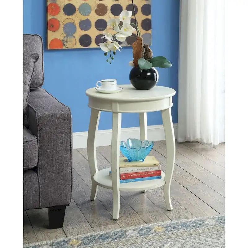Round Top Side Table with Stylized Legs & Bottom Shelf - Available in Antique White, Walnut, Red, Teal