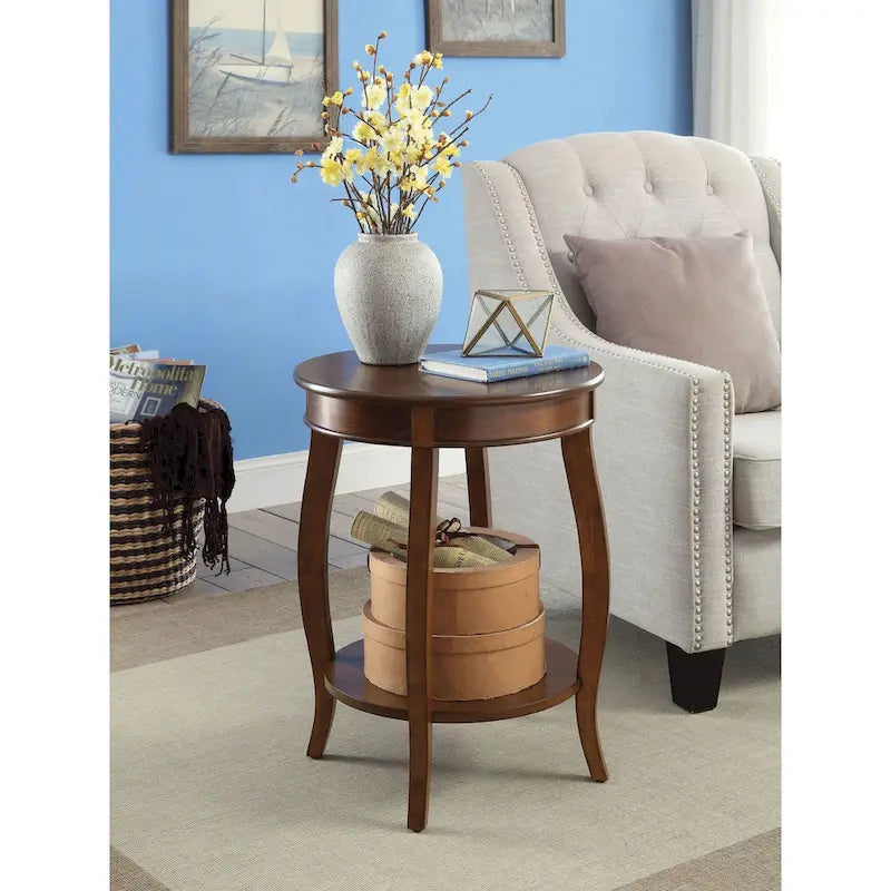 Round Top Side Table with Stylized Legs & Bottom Shelf - Available in Antique White, Walnut, Red, Teal