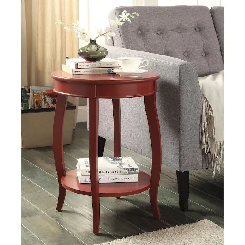 Round Top Side Table with Stylized Legs & Bottom Shelf - Available in Antique White, Walnut, Red, Teal