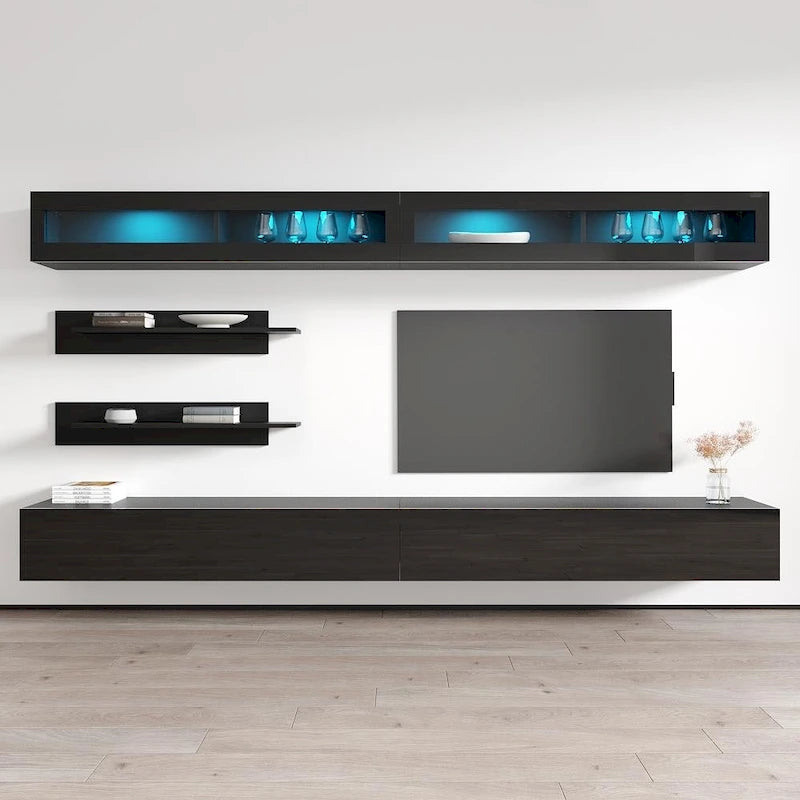 30" TV Wall-Mounted Floating Entertainment Center - 2 TV Stands, 2 Shelves, 2 Cabinets, 16-Color LED Lights, Modern