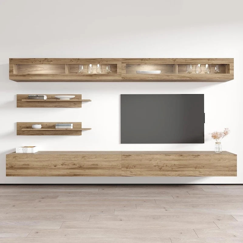 30" TV Wall-Mounted Floating Entertainment Center - 2 TV Stands, 2 Shelves, 2 Cabinets, 16-Color LED Lights, Modern