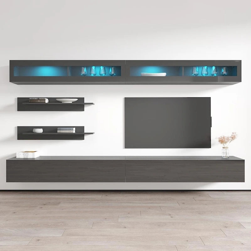 30" TV Wall-Mounted Floating Entertainment Center - 2 TV Stands, 2 Shelves, 2 Cabinets, 16-Color LED Lights, Modern