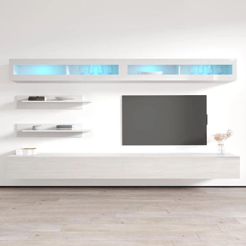 30" TV Wall-Mounted Floating Entertainment Center - 2 TV Stands, 2 Shelves, 2 Cabinets, 16-Color LED Lights, Modern