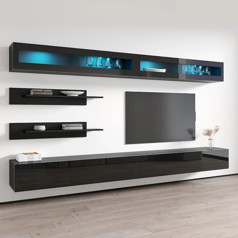 30" TV Wall-Mounted Floating Entertainment Center - 2 TV Stands, 2 Shelves, 2 Cabinets, 16-Color LED Lights, Modern