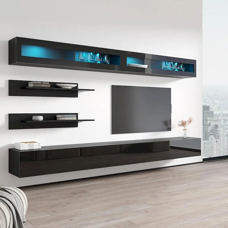 30" TV Wall-Mounted Floating Entertainment Center - 2 TV Stands, 2 Shelves, 2 Cabinets, 16-Color LED Lights, Modern