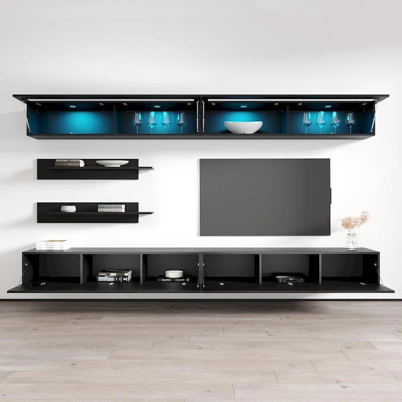 30" TV Wall-Mounted Floating Entertainment Center - 2 TV Stands, 2 Shelves, 2 Cabinets, 16-Color LED Lights, Modern