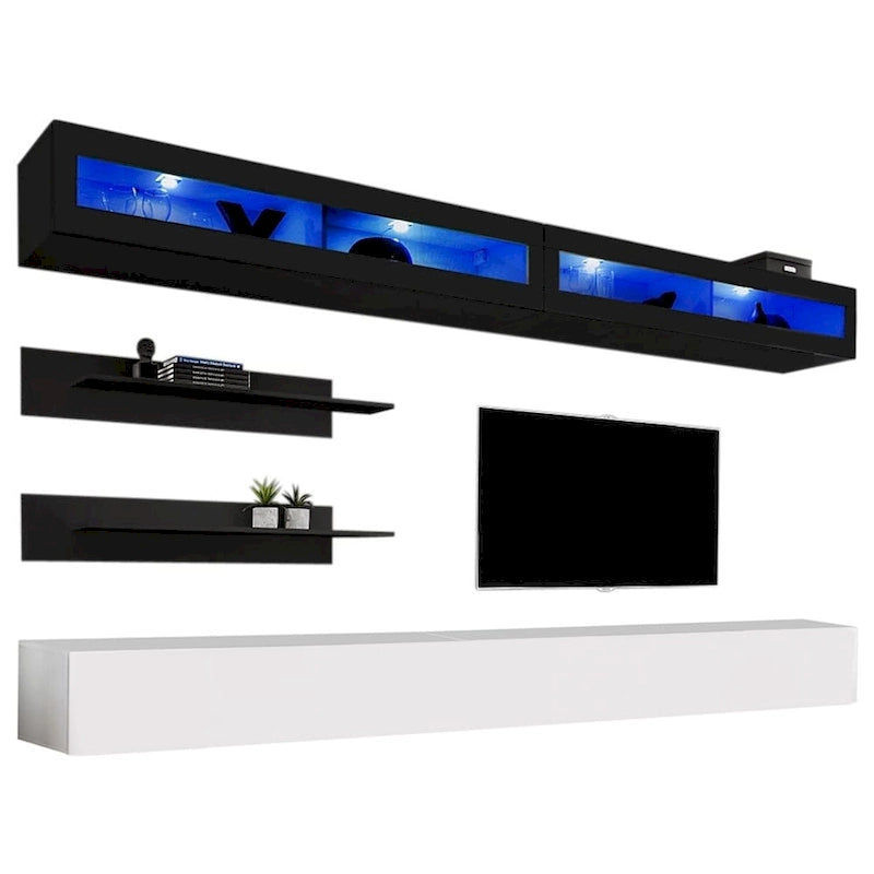 30" TV Wall-Mounted Floating Entertainment Center - 2 TV Stands, 2 Shelves, 2 Cabinets, 16-Color LED Lights, Modern