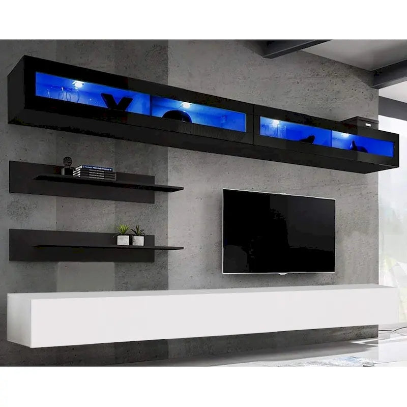 30" TV Wall-Mounted Floating Entertainment Center - 2 TV Stands, 2 Shelves, 2 Cabinets, 16-Color LED Lights, Modern