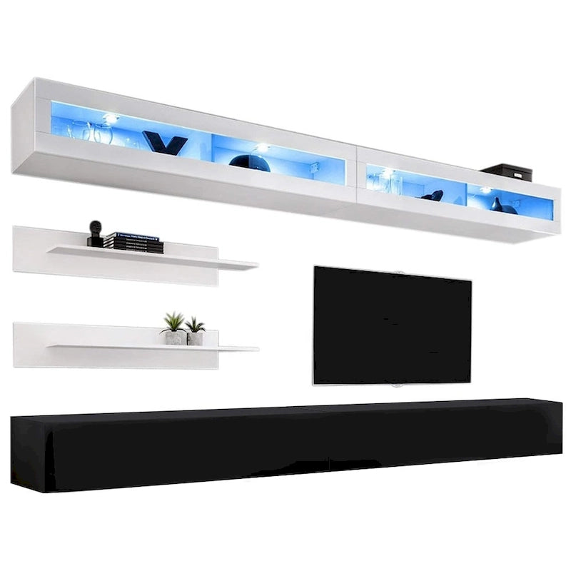 30" TV Wall-Mounted Floating Entertainment Center - 2 TV Stands, 2 Shelves, 2 Cabinets, 16-Color LED Lights, Modern